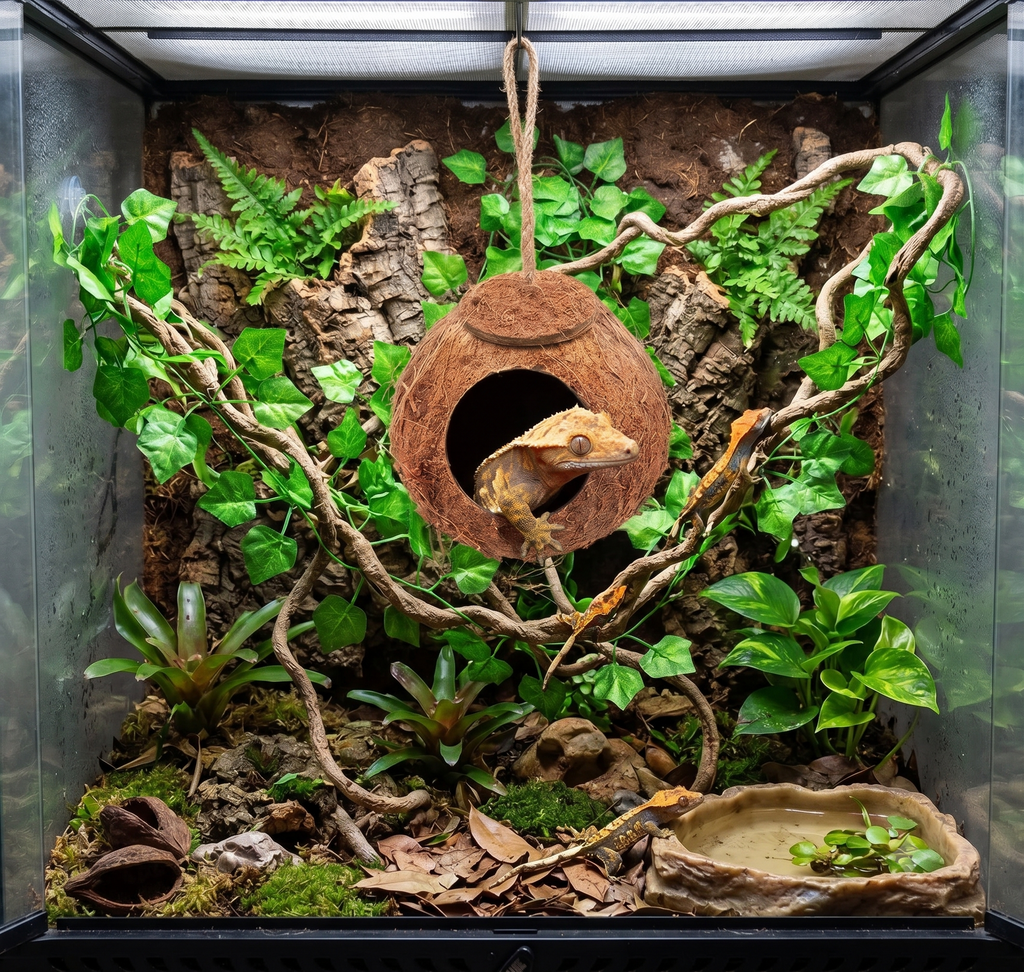 Hanging Natural Coconut Reptile Hide with Vine